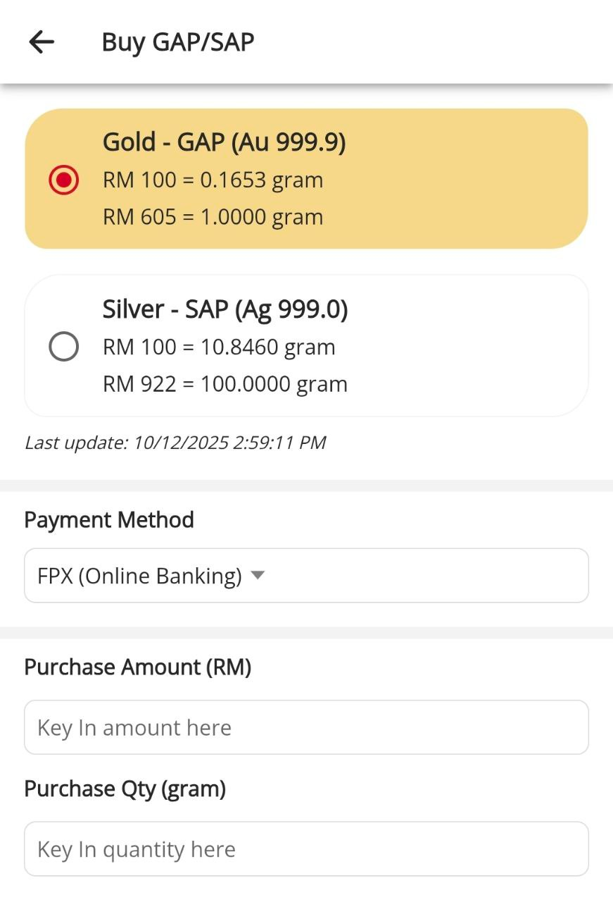 Skrin Buy GAP/SAP dengan pilihan FPX