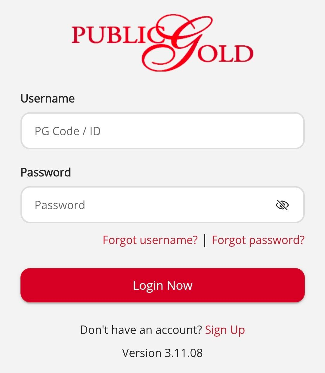 Skrin login aplikasi Public Gold