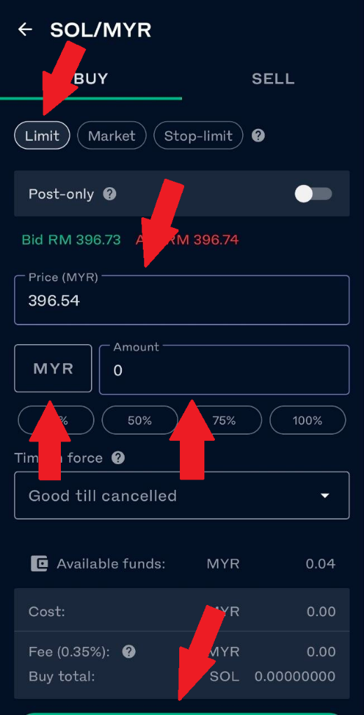 Borang Limit order untuk membeli Solana di Luno