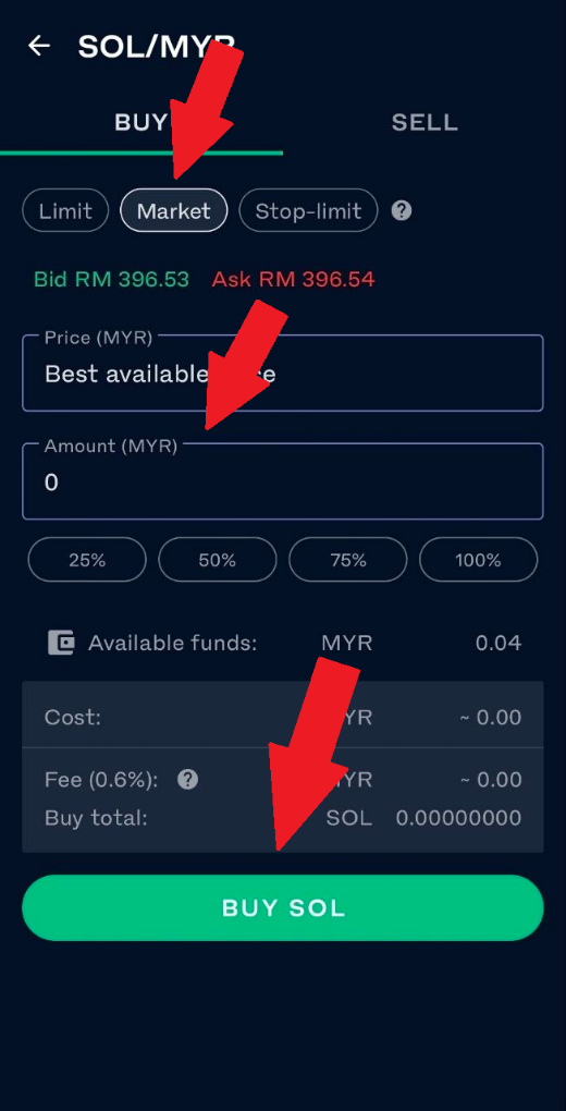 Borang Market order untuk membeli Solana di Luno