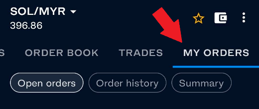 Tab My Orders untuk menyemak order yang belum penuh di Luno