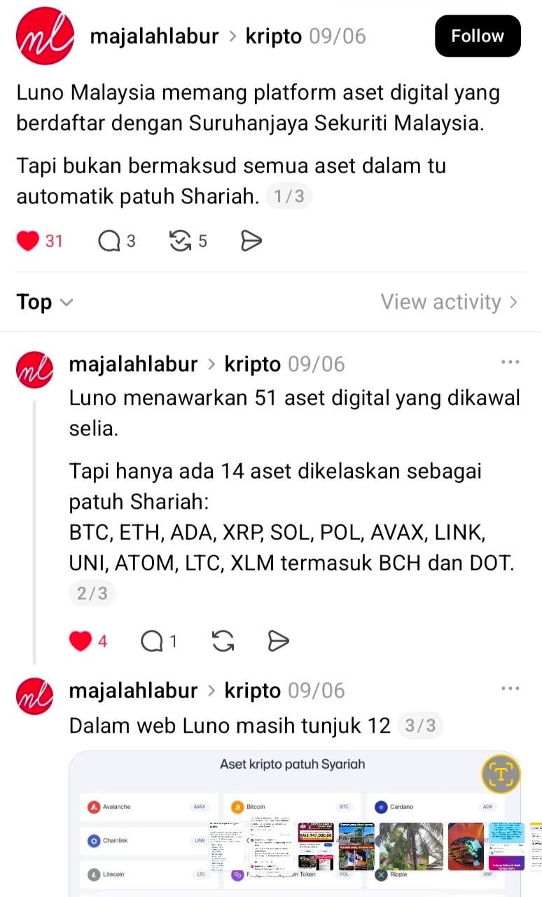 Post Threads oleh majalahlabur tentang senarai aset kripto patuh Shariah di Luno