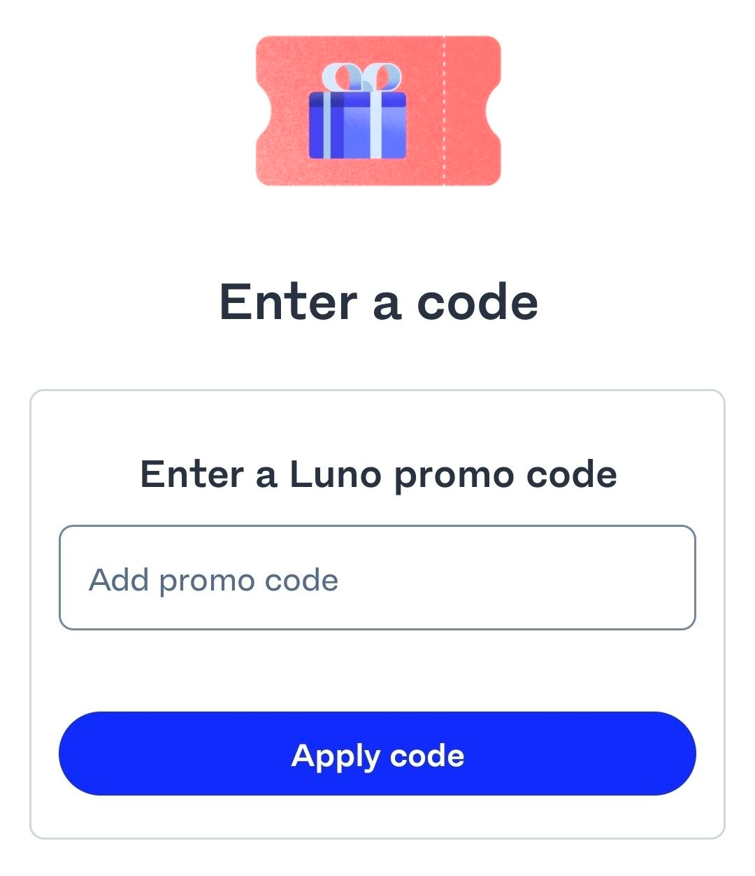 Skrin masukkan promo code Luno