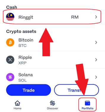 Skrin Portfolio dengan pilihan Ringgit